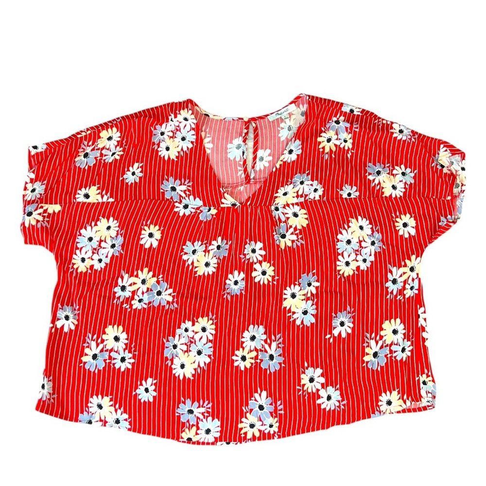 Madewell Daisy Society Rhyme Short Sleeve Top Size S Red White Striped Floral - Picture 5 of 6